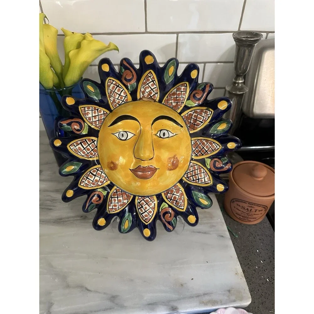Talavera Style Sun Face Wall Art Hand Painted Ceramic Floral 12” Mexico Folk Art